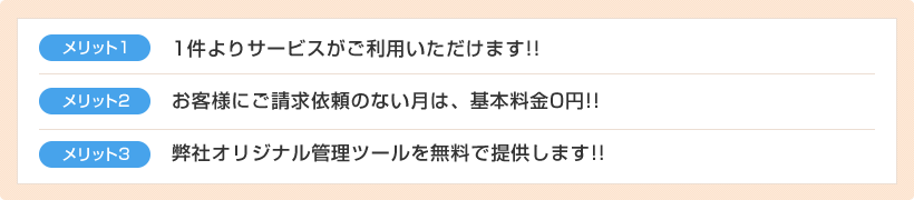 1件よりサービスがご利用いただけます!!お客様にご請求依頼のない月は、基本料金0円!!弊社オリジナル管理ツールを無料で提供します!!